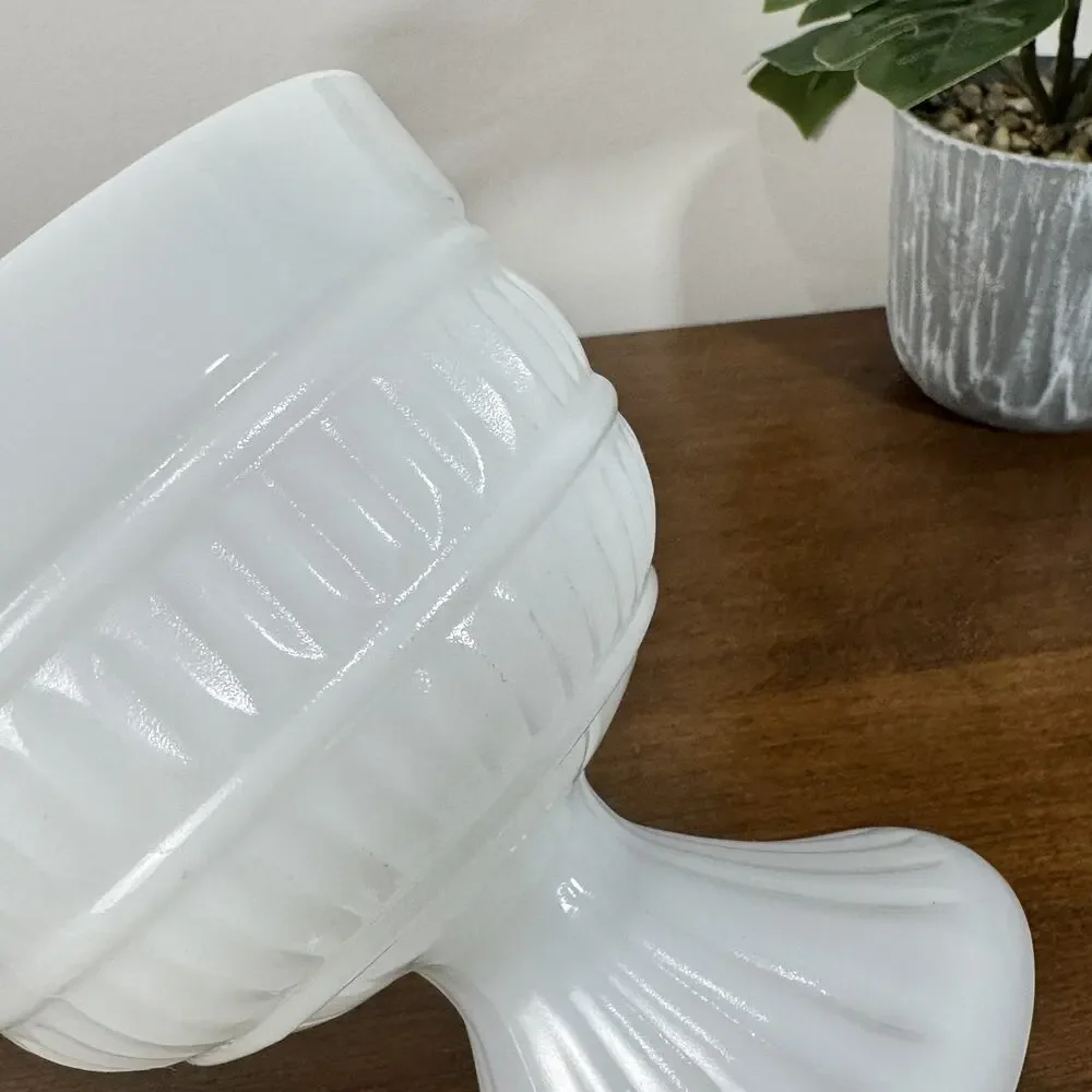Vintage Milk Glass Pedestal Vase Ribbed Compote Bowl White Mid Century Modern